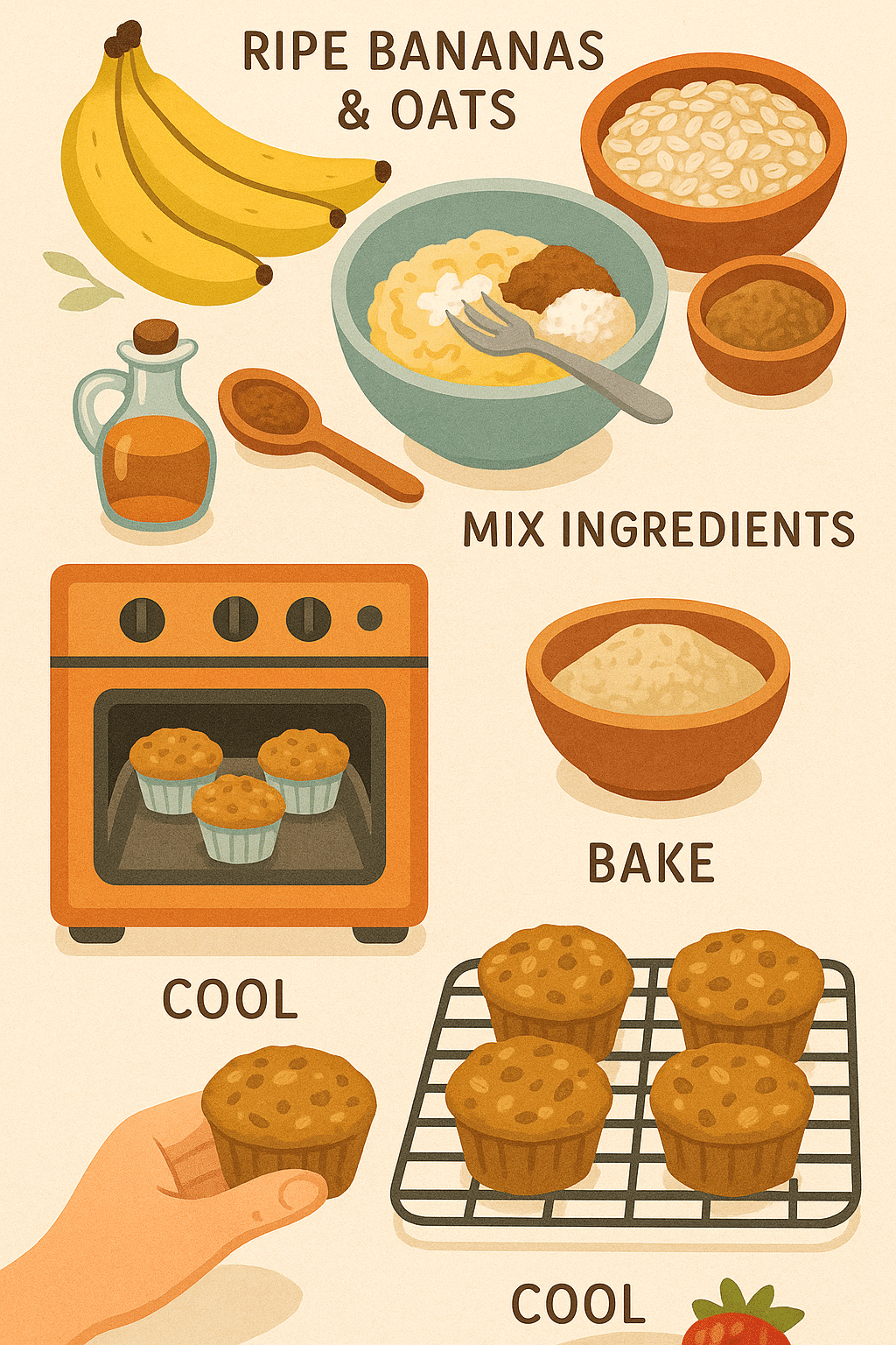 7 Delicious Healthy Baking Recipes for Nutritious Home Cooking 3 Step by step healthy baking recipes infographic showing how to make banana oatmeal muffins