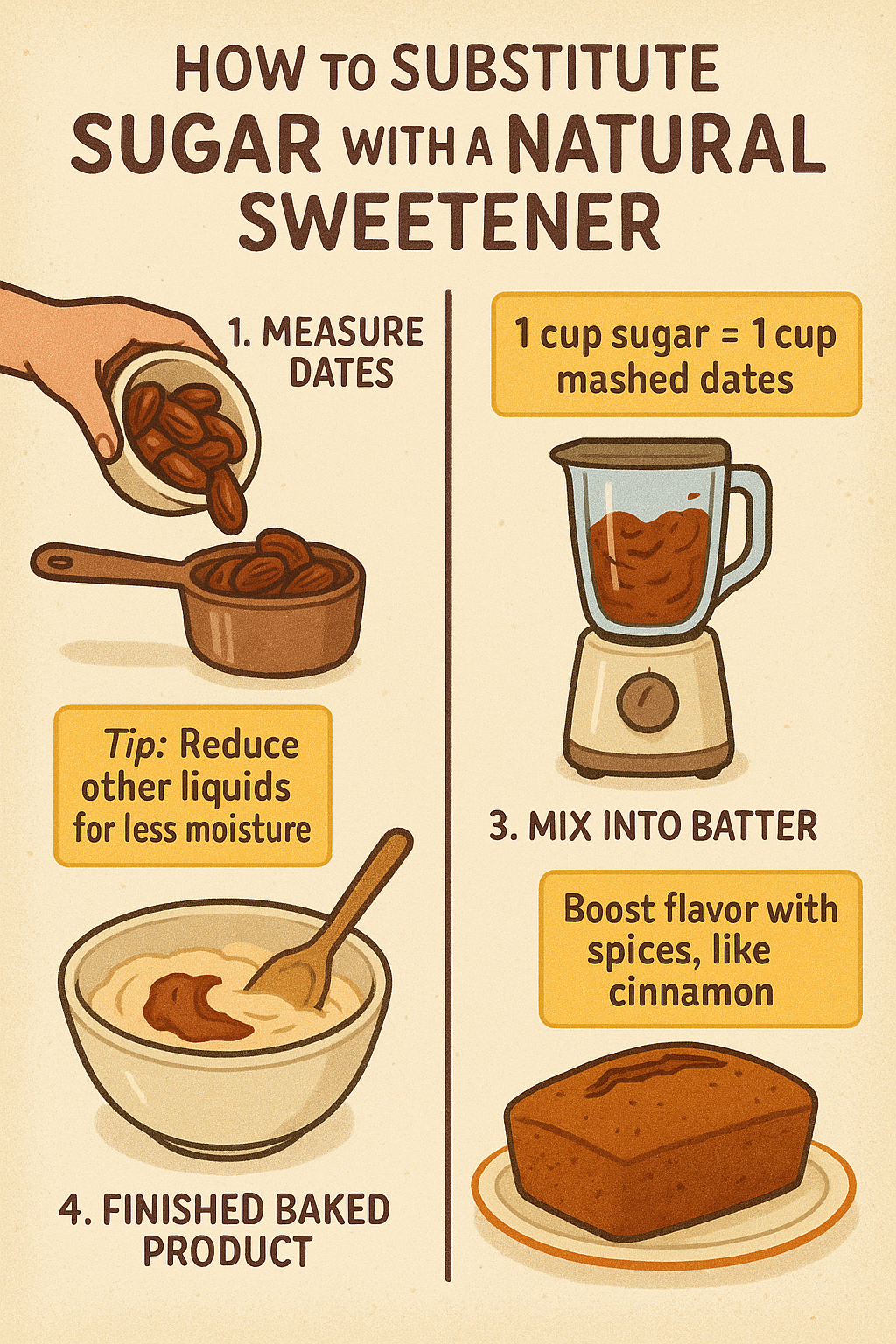 8 Best Sugar Substitutes for Baking: Healthy & Delicious Choices 5 Step by step infographic on using best sugar substitutes for baking with date paste substitution