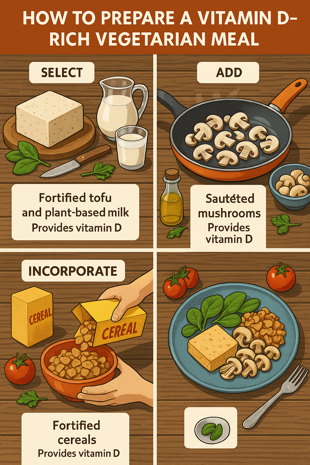 6 Powerful Vitamin D Foods for Vegetarians to Boost Health 5 Step by step infographic preparing a vitamin D foods vegetarian meal with mushrooms and tofu