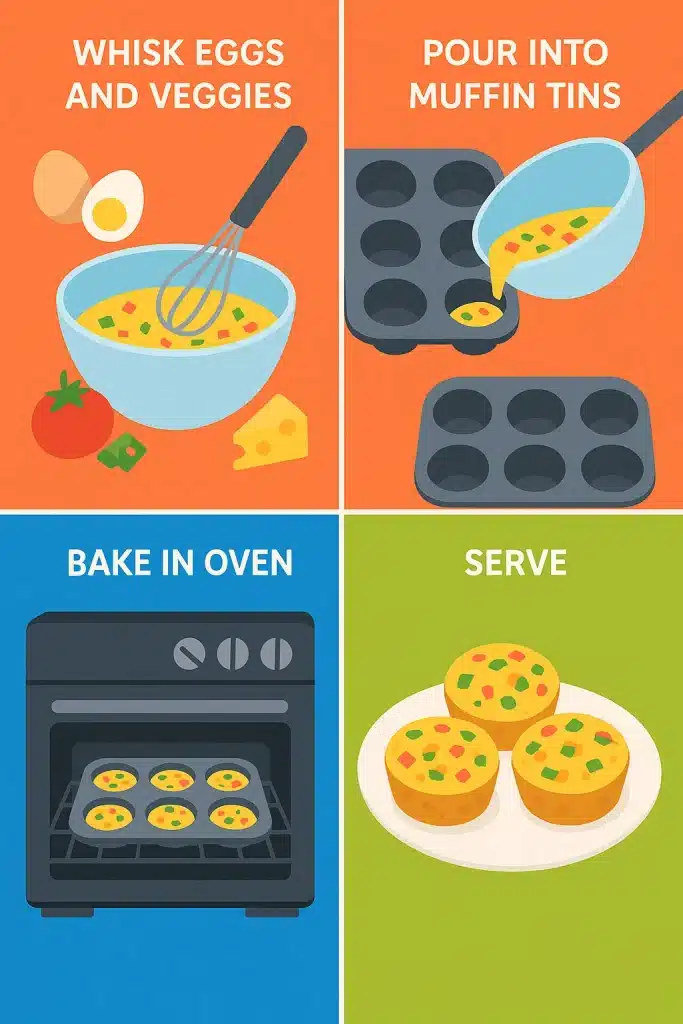 Step by step infographic showing how to prepare low carb healthy egg muffins with eggs veggies and cheese