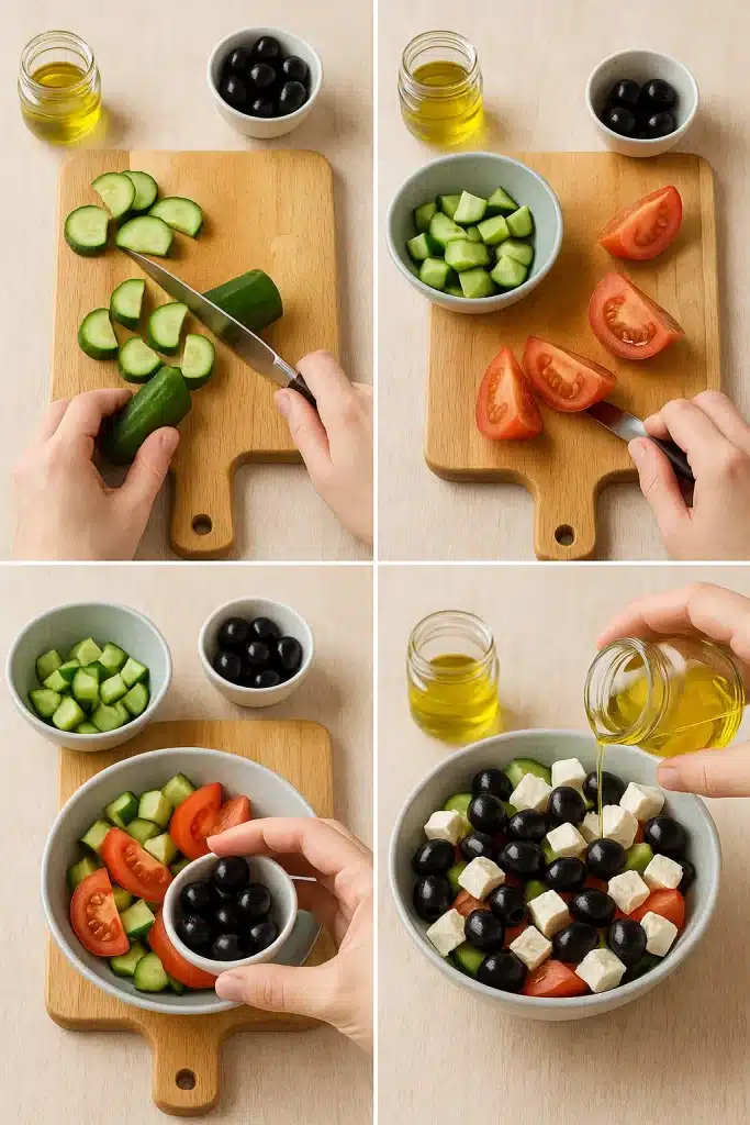 10 Healthy Salad Ideas Women Love: Fresh, Easy & Delicious 3 Step by step preparation of a classic Greek salad with feta cucumbers olives and tomatoes