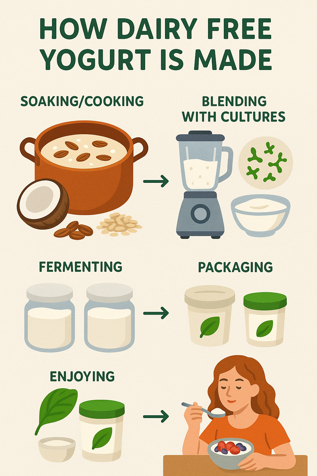 7 Best Dairy Free Yogurts for Healthy, Balanced Nutrition 5 Step by step process diagram showing how best dairy free yogurts are made from plant bases