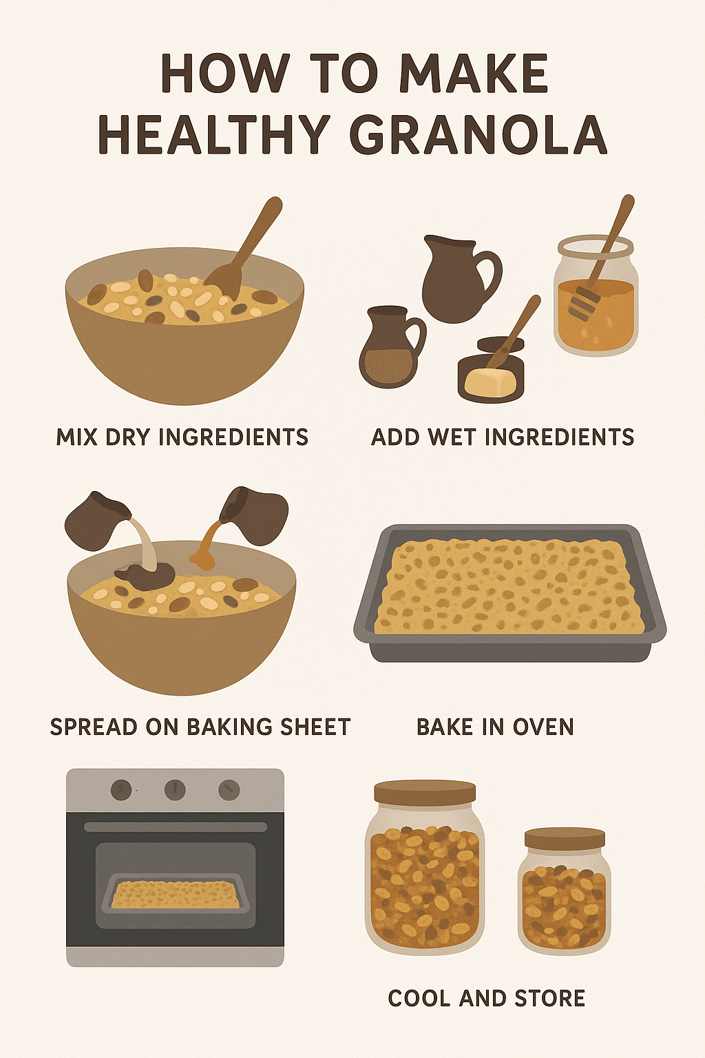 7 Easy Healthy Granola Recipes for Nutritious Homemade Snacks 4 Step by step process of making a healthy granola recipe illustrated with icons