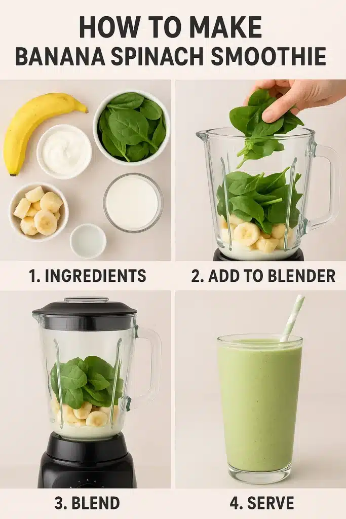 17Healthy Recipes for Picky Eaters That Actually Work 6 Step by step recipe image showing how to make a banana spinach smoothie for picky eaters