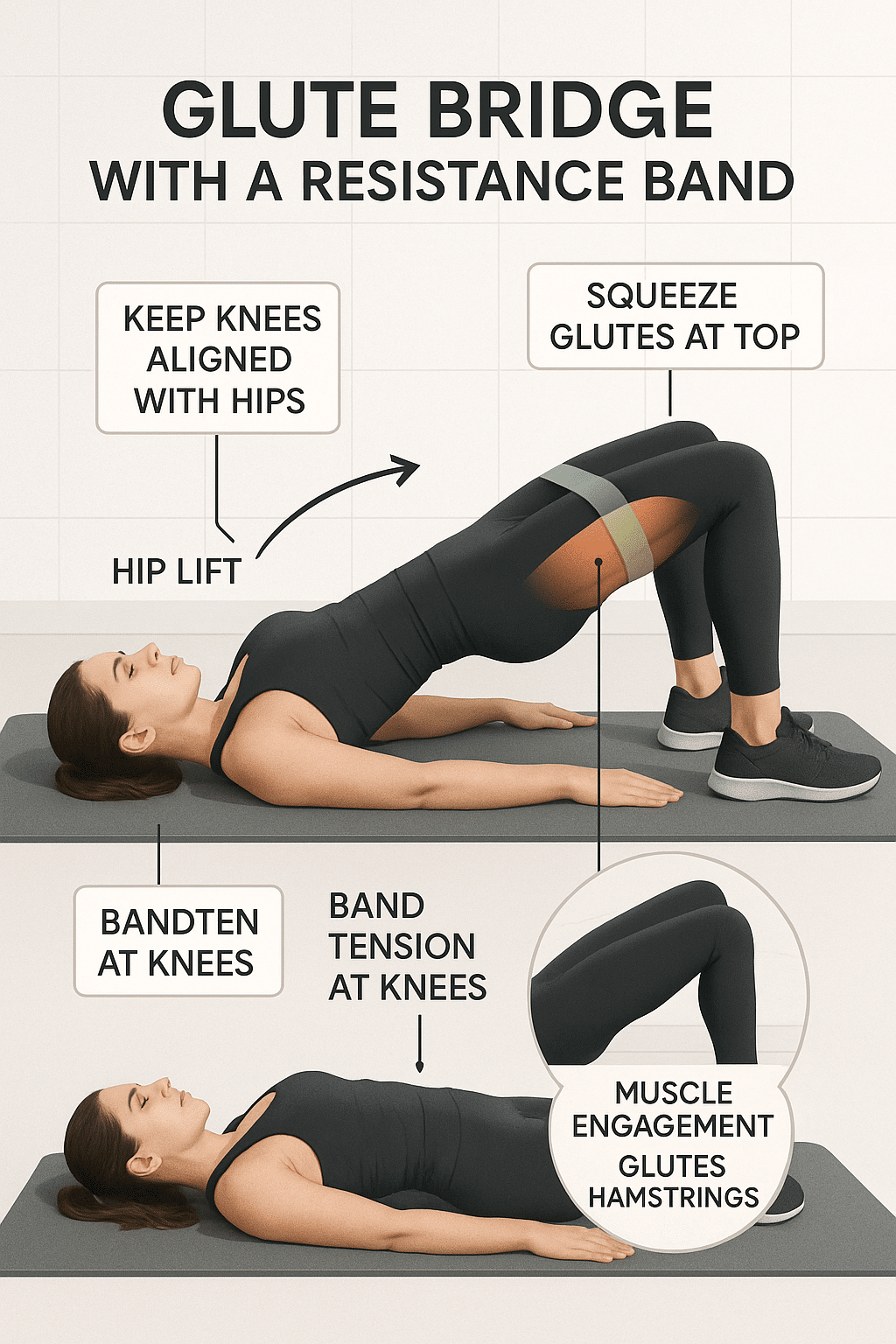 5 Powerful Resistance Band Workouts for Glutes 3 Step by step resistance band workout for glutes demonstrating glute bridge form and muscle engagemen