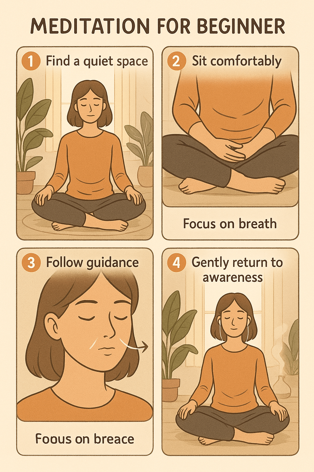 5 Powerful Guided Meditation for Beginners to Reduce Stress 3 Step by step visual guide for guided meditation for beginners in a calm setting