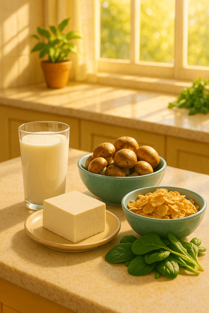 6 Powerful Vitamin D Foods for Vegetarians to Boost Health 2 Sunlit kitchen with vitamin D foods for vegetarians including mushrooms, tofu, and fortified plant milk