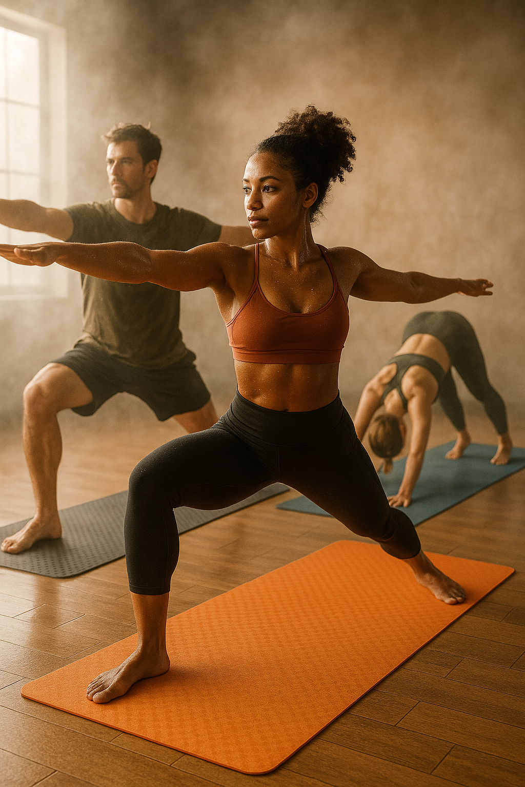 7 Best Yoga Mats for Hot Yoga with Superior Grip & Durability 5 Three yoga practitioners demonstrating best yoga mats for hot yoga in a sweaty humid studio environ