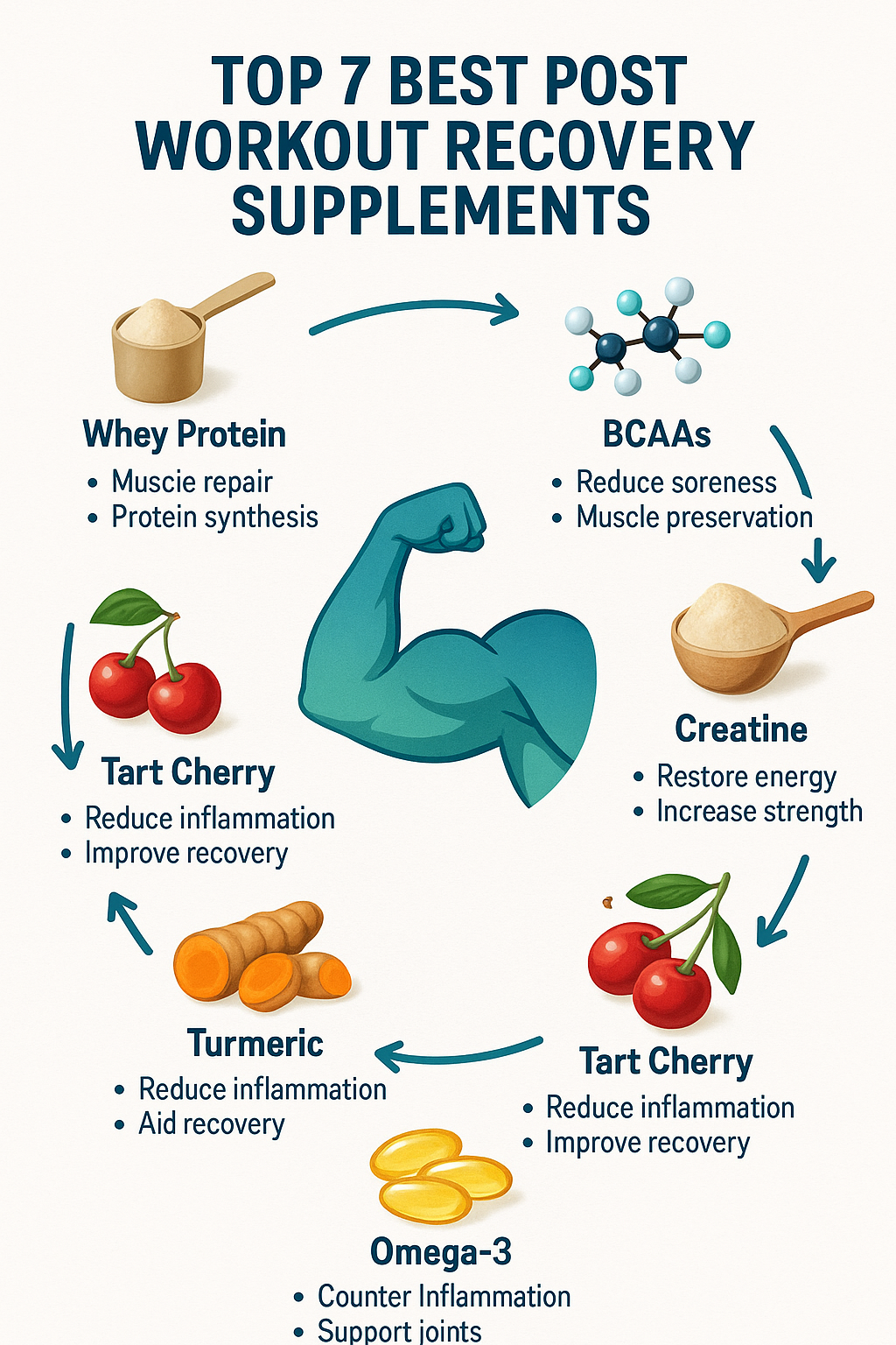 7 Best Post Workout Recovery Supplements for Faster Muscle Repair 3 Top 7 best post workout recovery supplements with icons and benefits for muscle repair