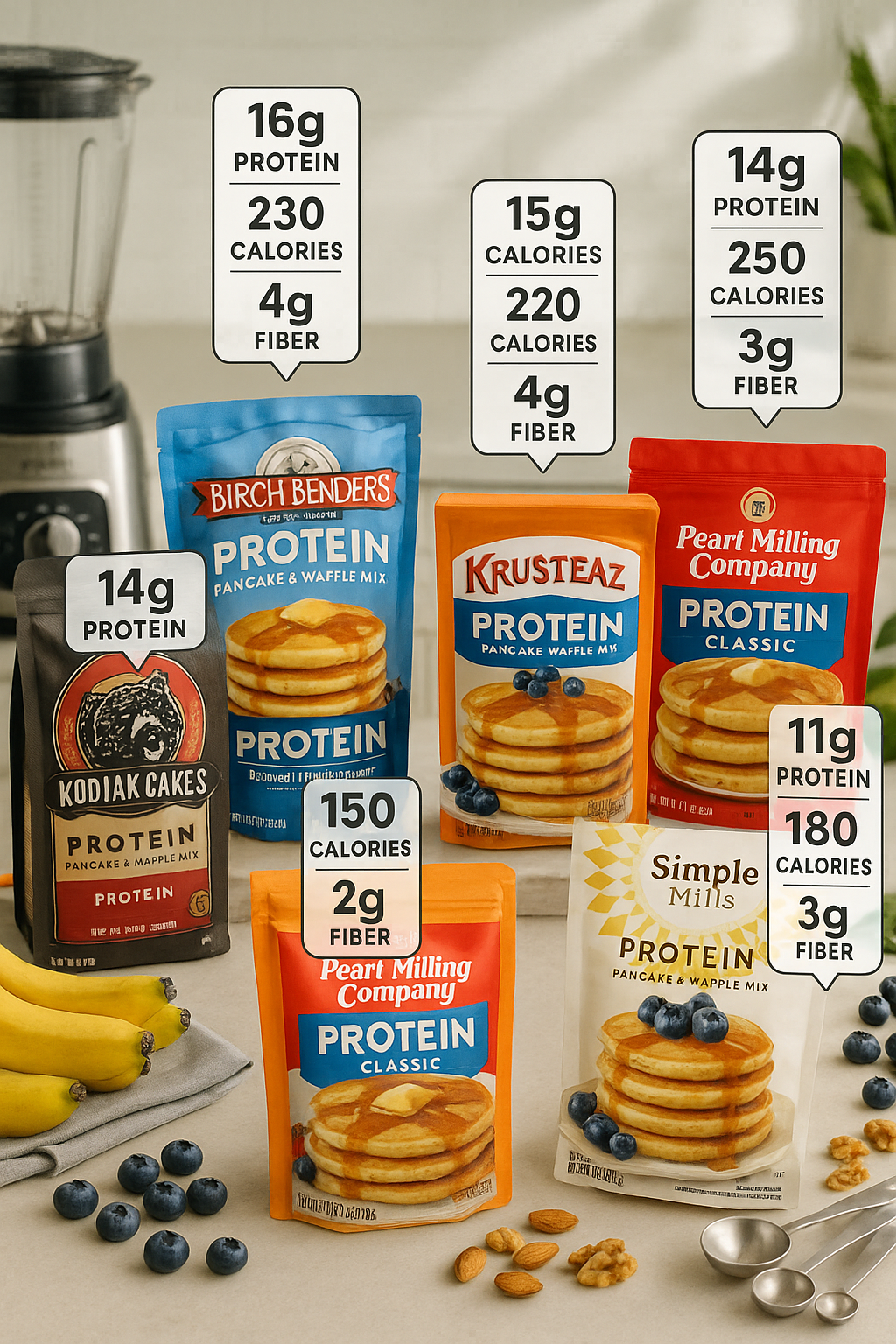 7 Best Protein Pancake Mixes for Balanced Nutrition 4 Top five best protein pancakes mix packages displayed with nutritional info and fresh ingredients
