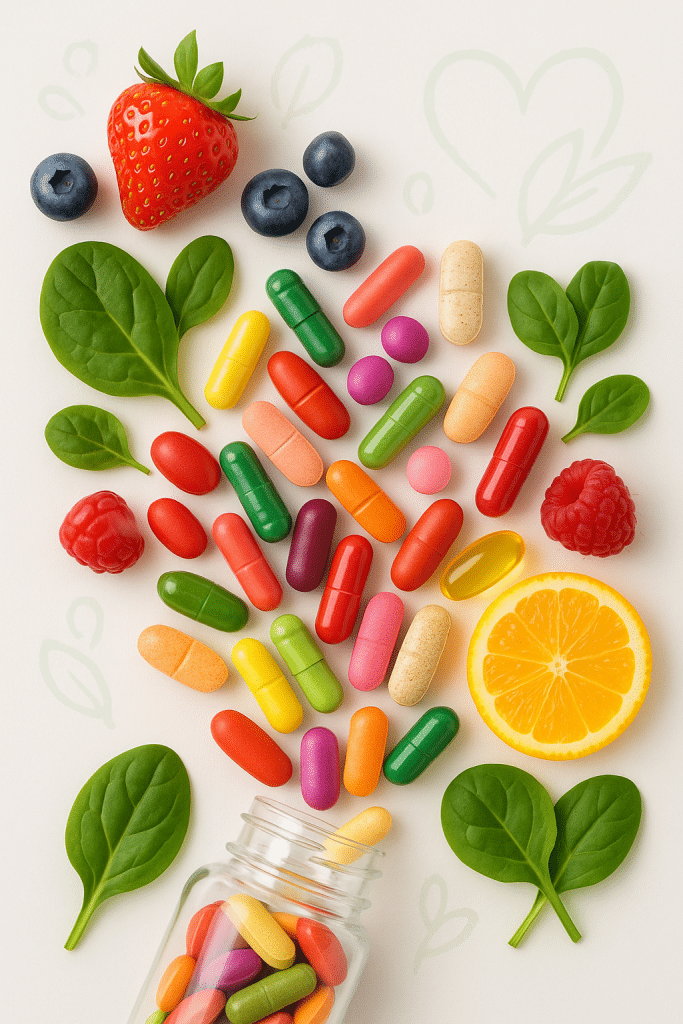 7 Best Multivitamins for Women to Boost Health & Energy 9 Vibrant assorted multivitamins surrounded by fresh fruits representing best multivitamins for women