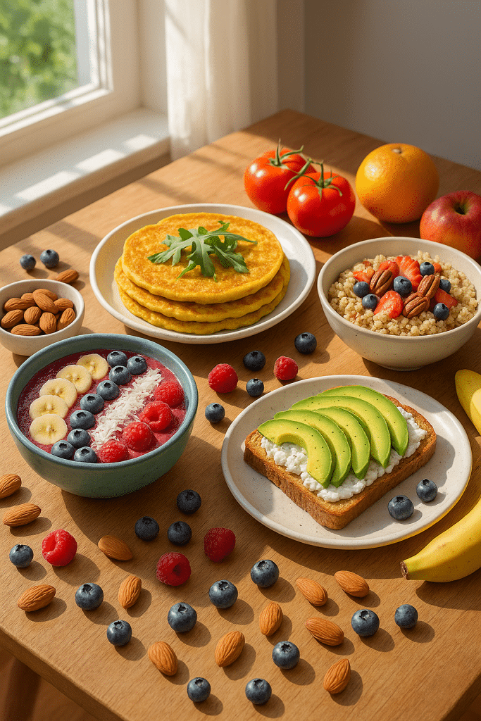 15 High Protein Breakfast Ideas Without Eggs to Fuel Your Day 1 Vibrant assortment of high protein breakfast ideas without eggs displayed on a sunlit kitchen table