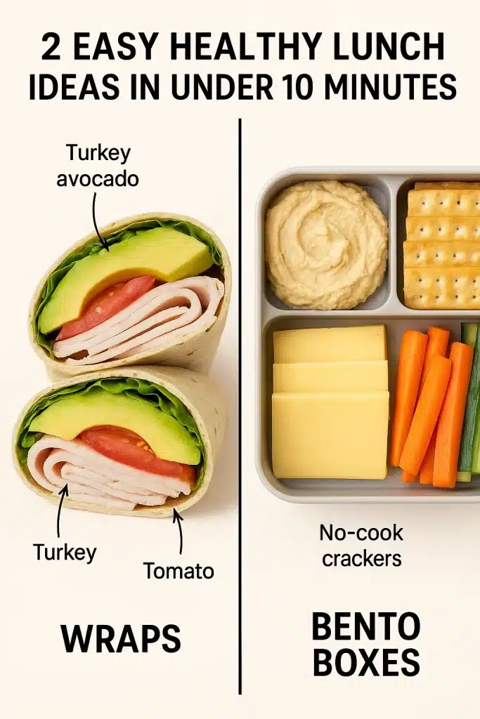 10 Easy Healthy Lunch Ideas Women Can Make Anytime 6 Visual comparison of a turkey avocado wrap and a no cook bento box highlighting quick easy healthy lunch ideas