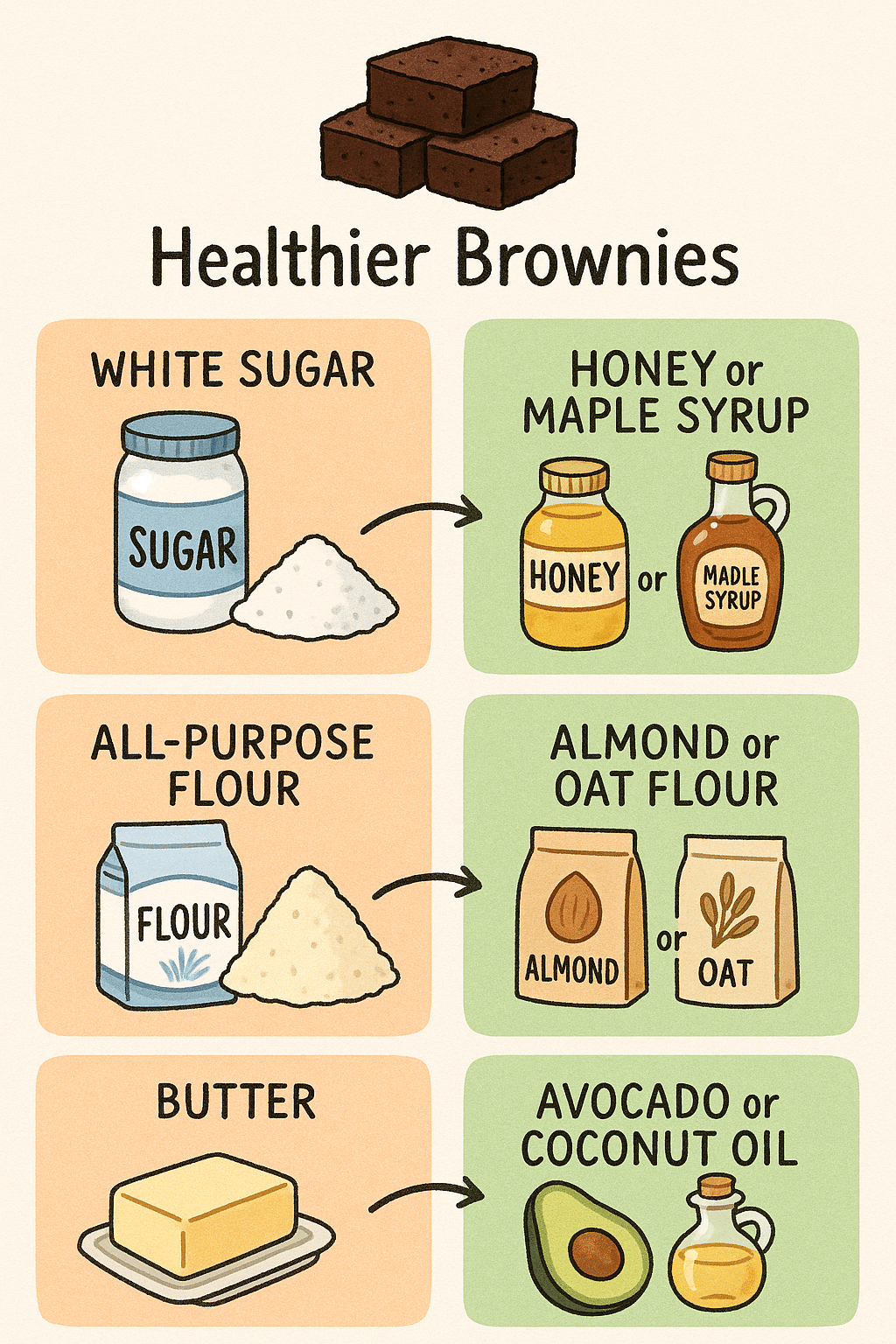 7 Delicious Healthy Brownie Recipes for Nutritious Baking 6 Visual guide illustrating healthy ingredient substitutions in brownie recipes for nutritious baking
