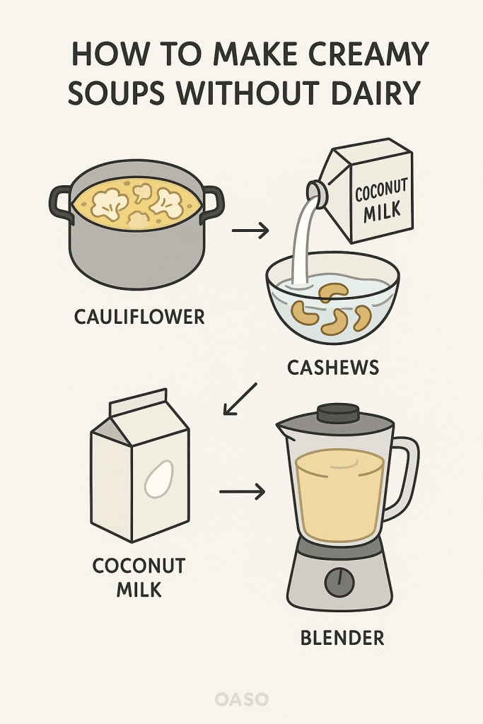 15 Best Healthy Soup Recipes Every Woman Should Try 6 Visual guide showing how to make creamy soups without dairy using cauliflower cashews and coconut milk