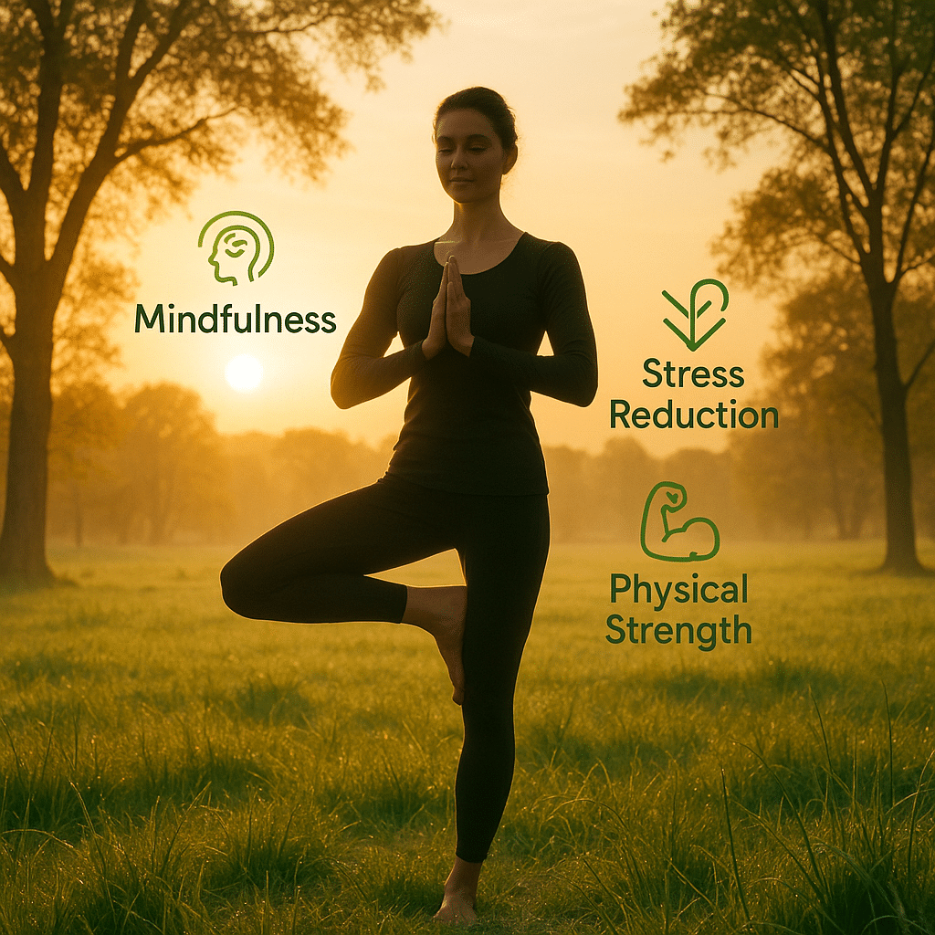 Visual of outdoor yoga practice illustrating mindfulness and stress reduction for health and wellnes