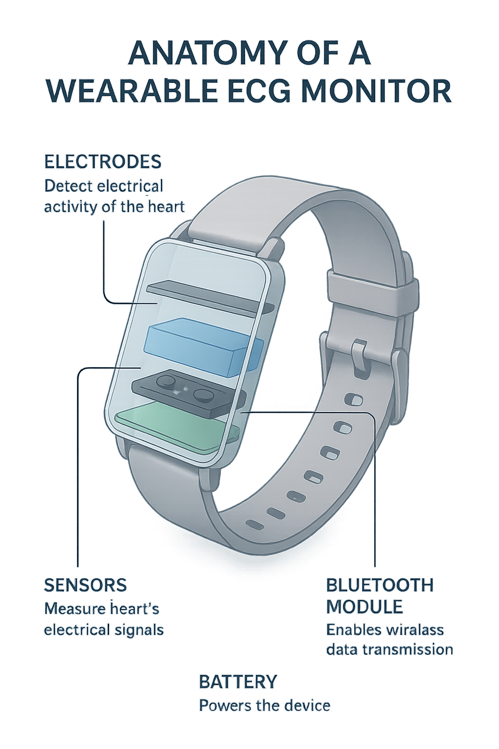 5 Powerful Benefits of Wearable ECG Monitors for Stress Relief 3 Wearable ECG monitors anatomy showing sensors and electrodes for stress relief monitoring
