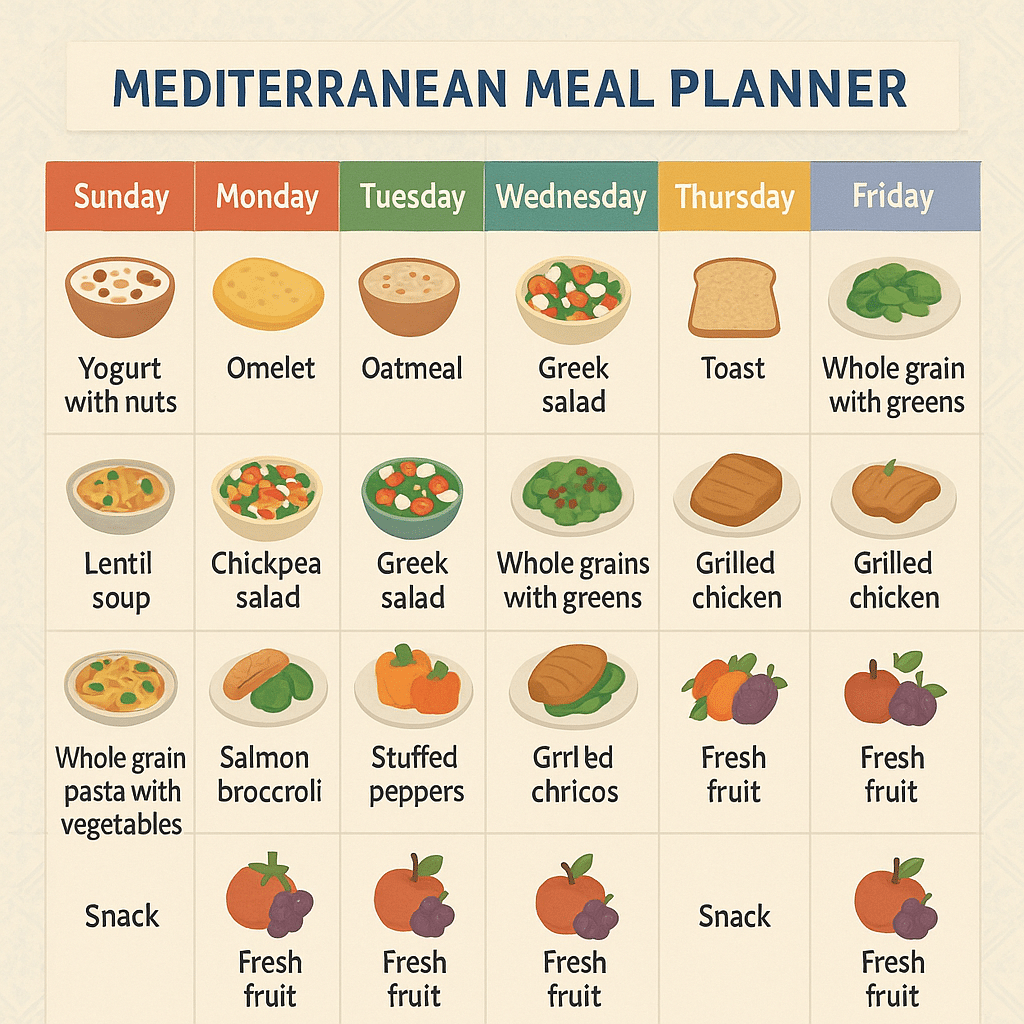 Weekly Mediterranean healthy recipes meal planner chart for natural wellness and balanced eating