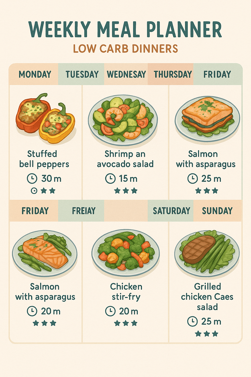 5 Irresistible Low Carb Meal Ideas for Dinner to Boost Health 7 Weekly low carb meal ideas for dinner planner with illustrated healthy dishes and prep tips