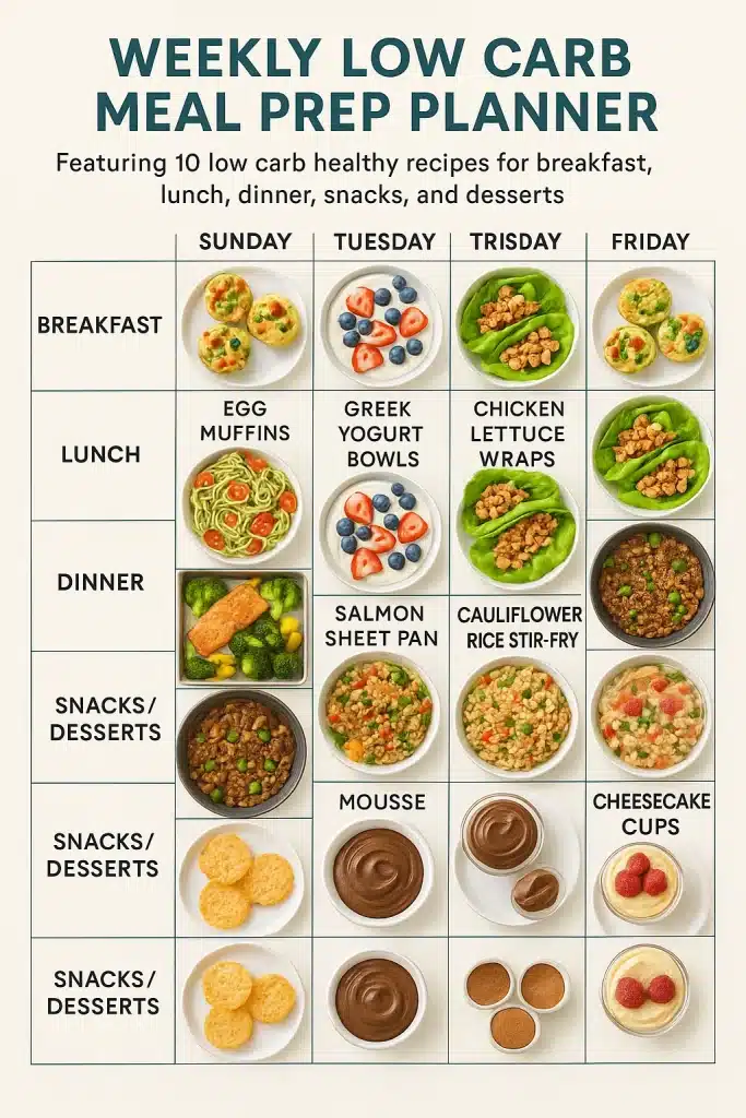 Weekly low carb meal prep planner featuring 10 low carb healthy recipes for breakfast lunch dinner snacks and desserts