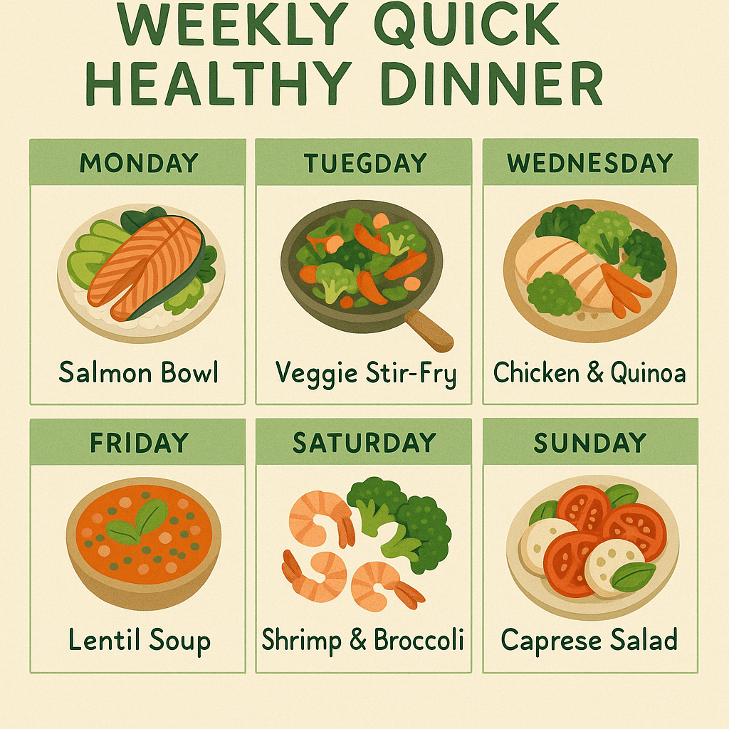 Weekly meal plan calendar highlighting quick healthy dinner recipes for natural wellness seekers