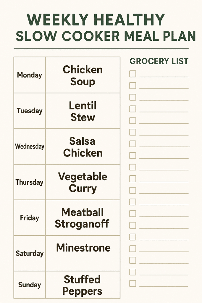 15 Healthy Slow Cooker Recipes Women Will Love 6 Weekly meal plan chart featuring healthy slow cooker recipes for seven days with grocery shopping list included