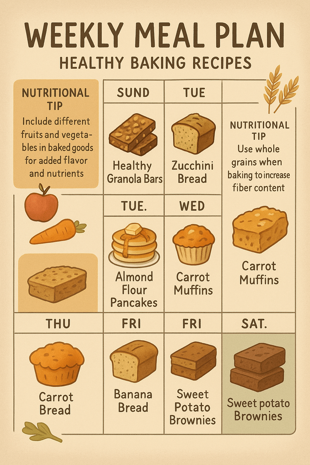 7 Delicious Healthy Baking Recipes for Nutritious Home Cooking 7 Weekly meal plan infographic showcasing healthy baking recipes for nutritious meals