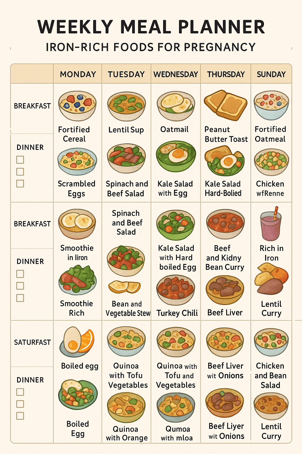 6 Essential Iron Rich Foods for Pregnancy to Boost Health 6 Weekly meal planner featuring iron rich foods for pregnancy with daily meal illustrations