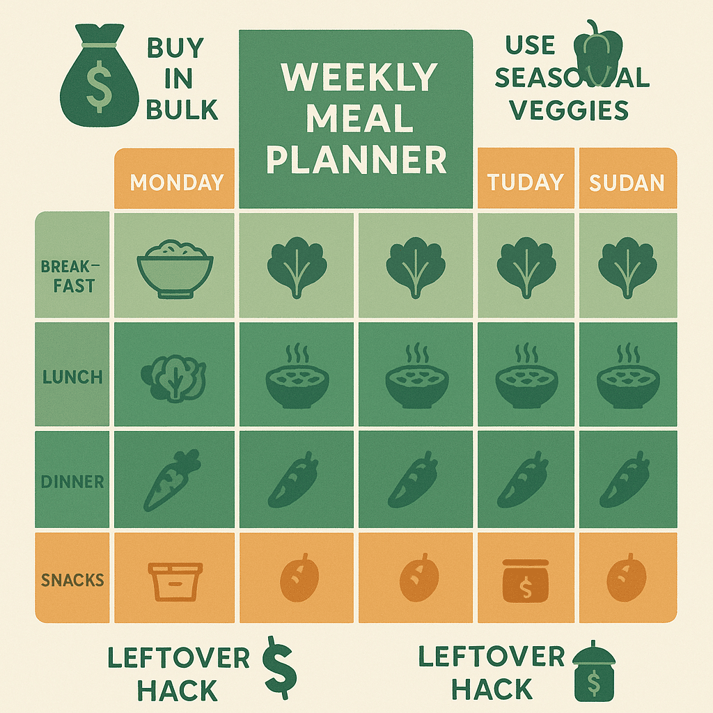Weekly meal planner infographic illustrating budget friendly healthy meals with cost saving tips for
