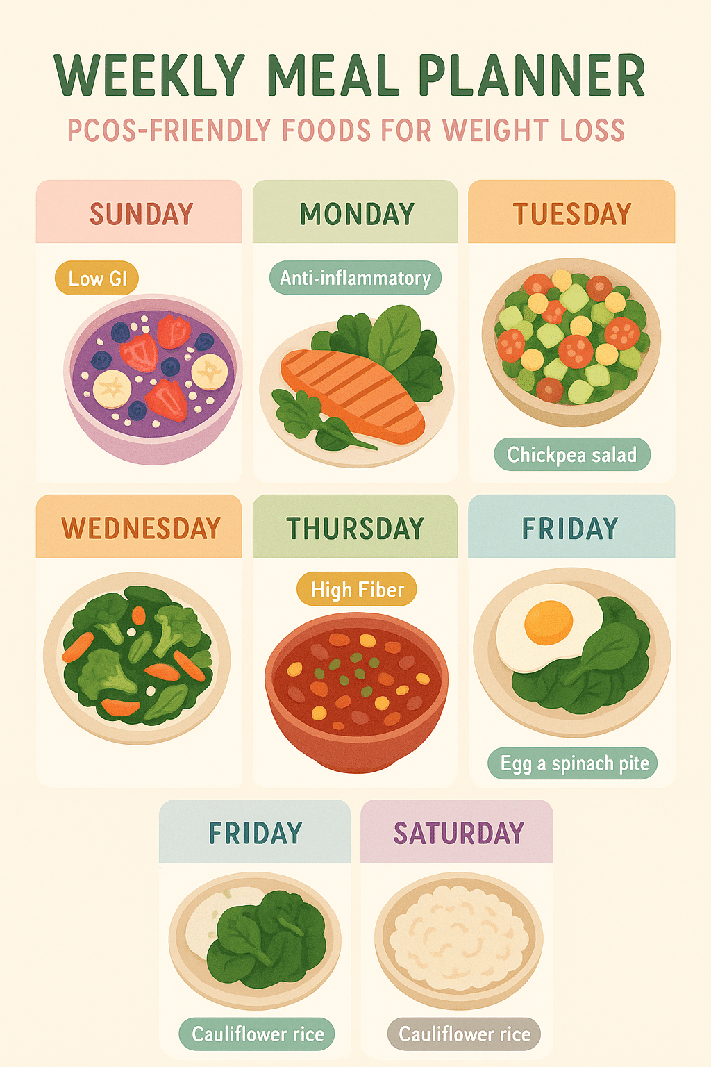 5 Effective PCOS Diet Plan Tips for Lasting Weight Loss 5 Weekly meal planner with PCOS friendly meals for effective pcos diet plan for weight loss
