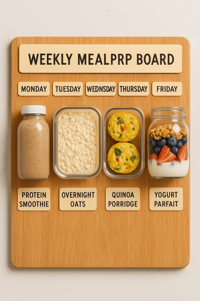 25 Healthy Breakfast Recipes Women Love for Energy & Balance 6 Weekly meal prep board with labeled containers for five healthy breakfast recipes including protein smoothie overnight oats egg muffins quinoa porridge and yogurt parfait