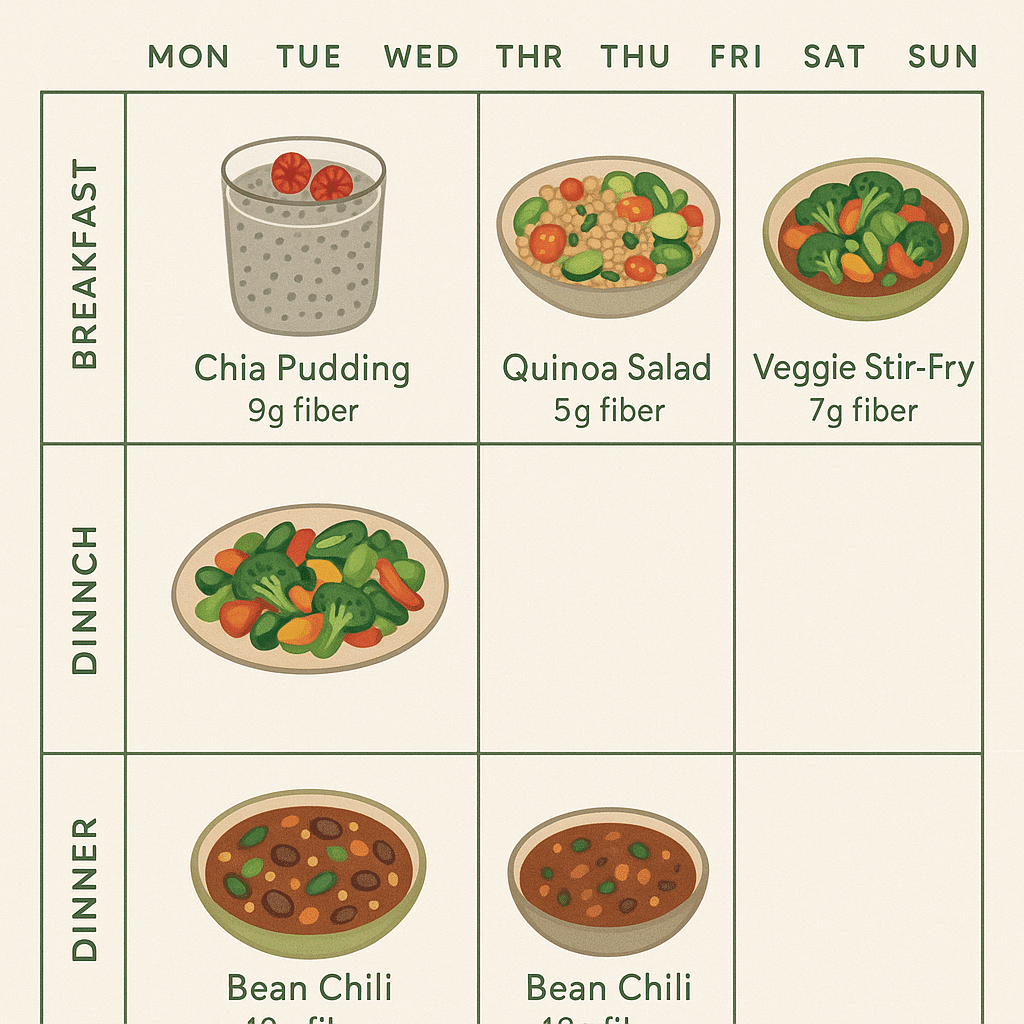 Weekly planner of high fiber healthy meals promoting natural wellness
