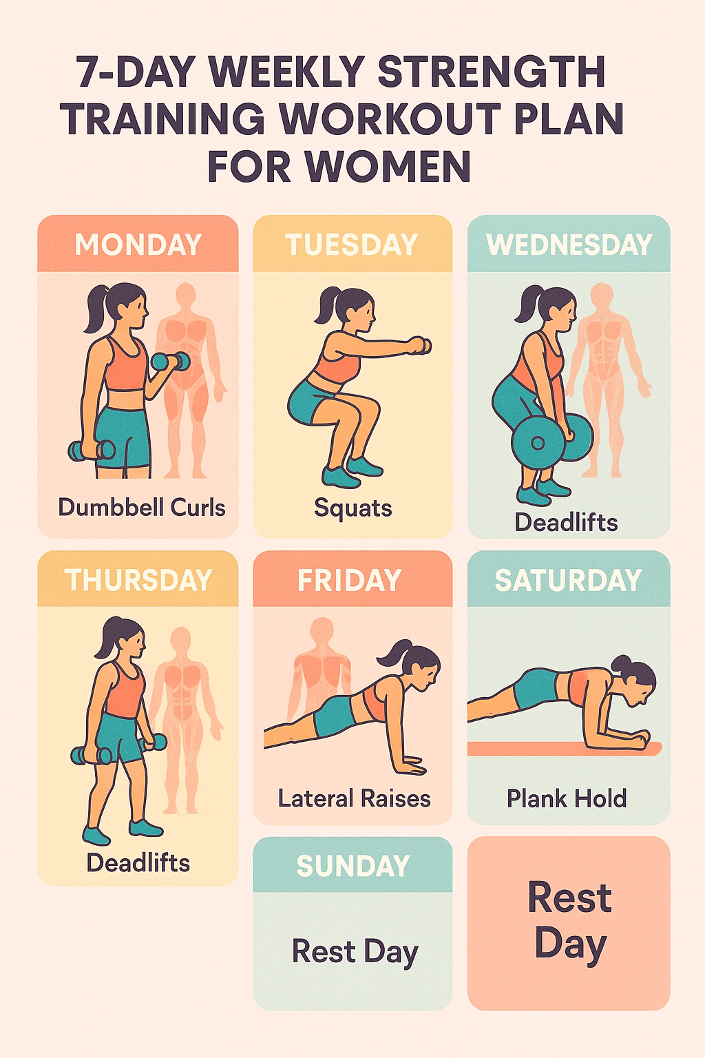 5 Effective Strength Training Routines for Women to Build Power 3 Weekly strength training routines for women with exercise icons and targeted muscle groups