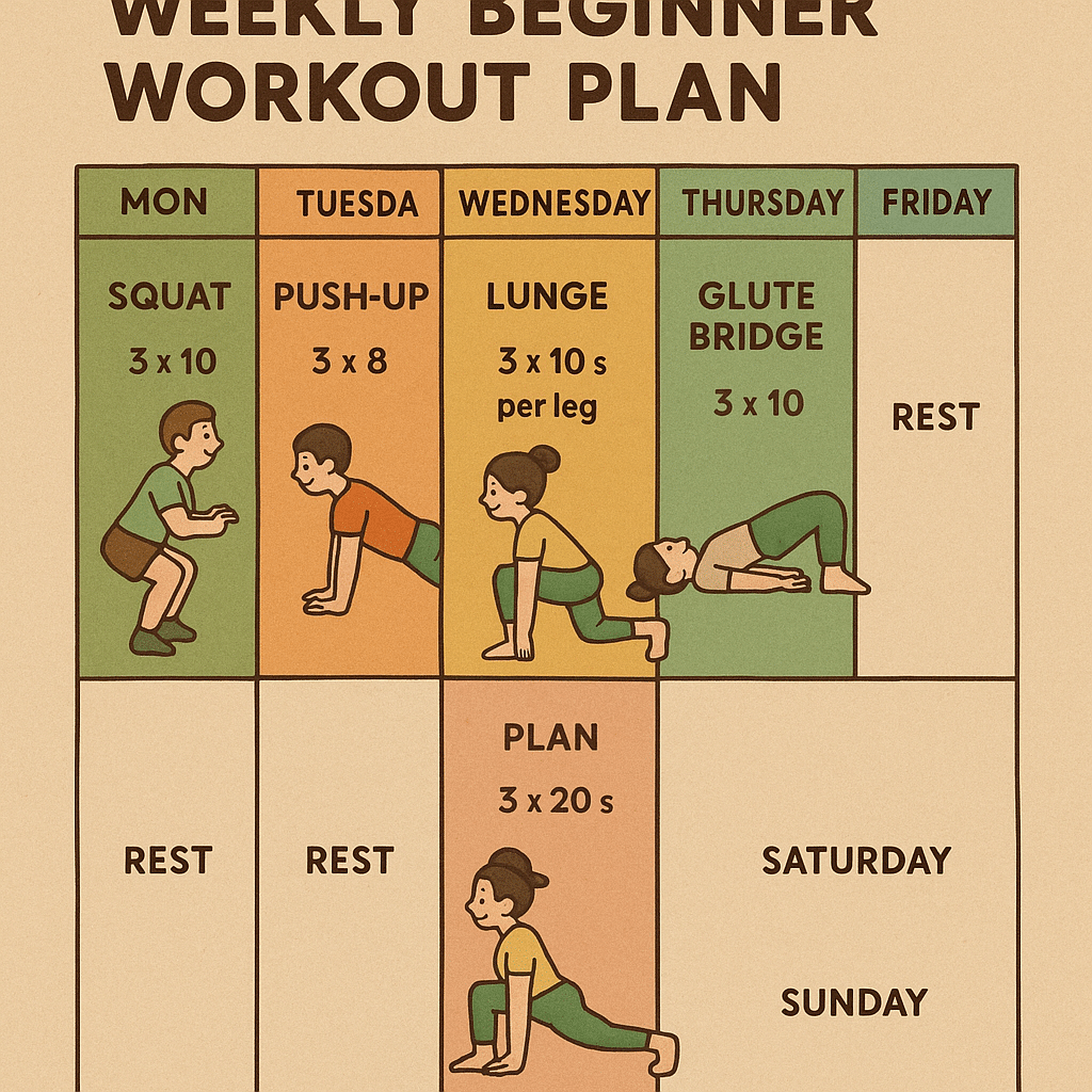 15 Powerful Bodyweight Exercises for Beginners to Transform Your Health 5 Weekly workout plan chart with beginner bodyweight exercises for health conscious adults