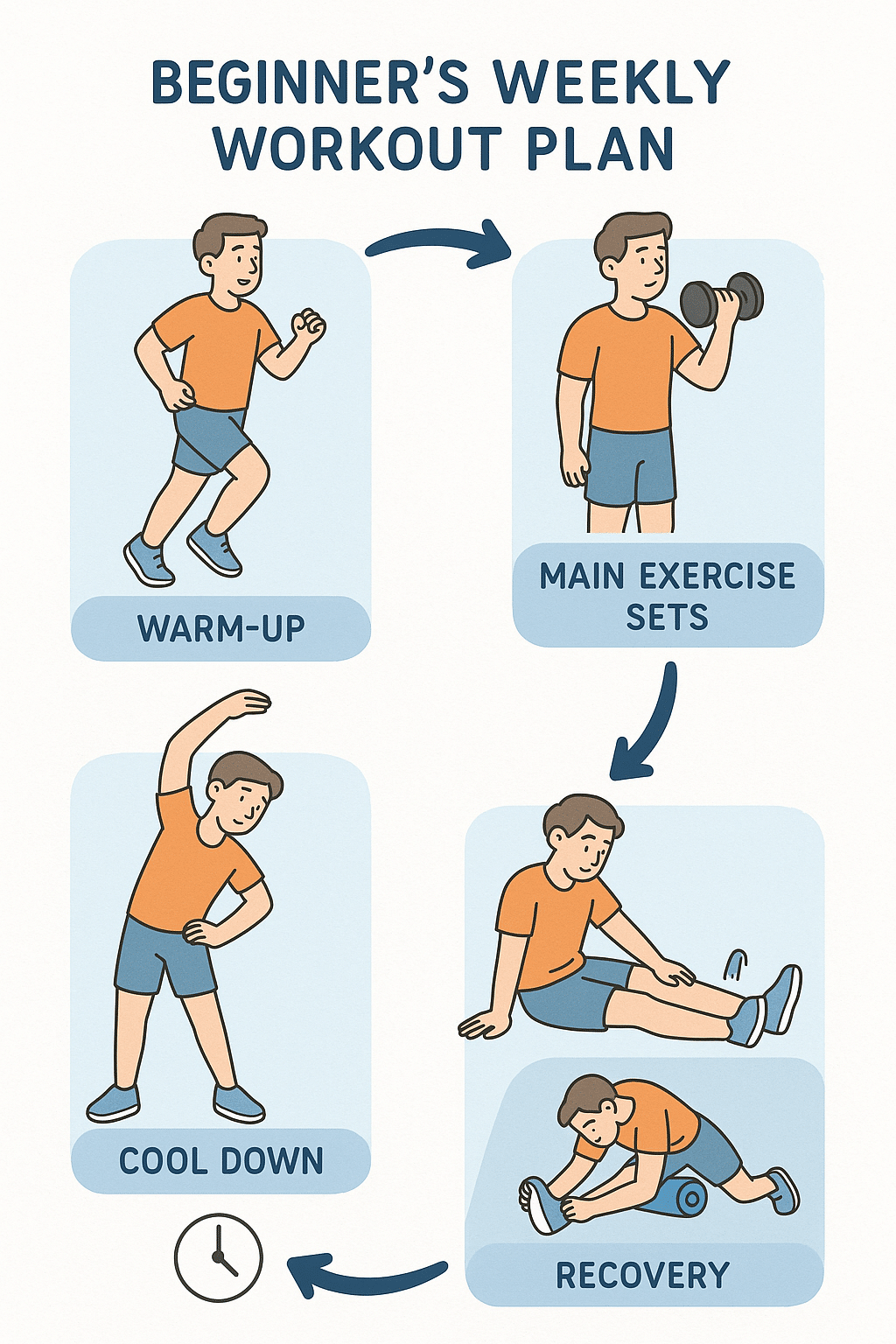 Weekly workout plan with warm up workouts and recovery for 30 day workout challenge for beginners