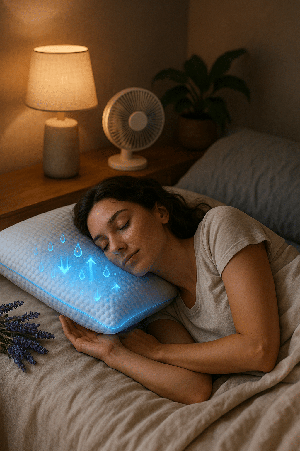5 Best Cooling Pillows for Night Sweats to Sleep Cool & Calm 6 Wellness focused person sleeping soundly on best cooling pillows for night sweats with calming bedro