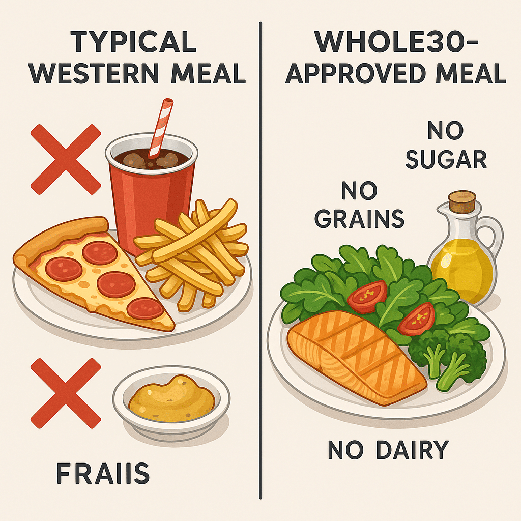 Ultimate Whole30 Diet Food List for Natural Wellness 6 Whole30 diet food list comparison showing unhealthy processed foods vs. Whole30 compliant natural me