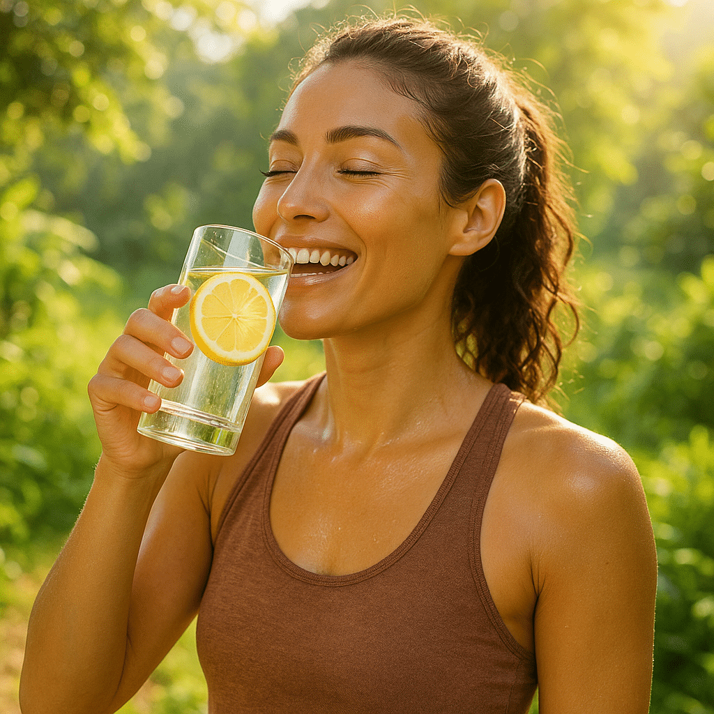 Woman enjoying lemon water outdoors for natural wellness and hydration benefits